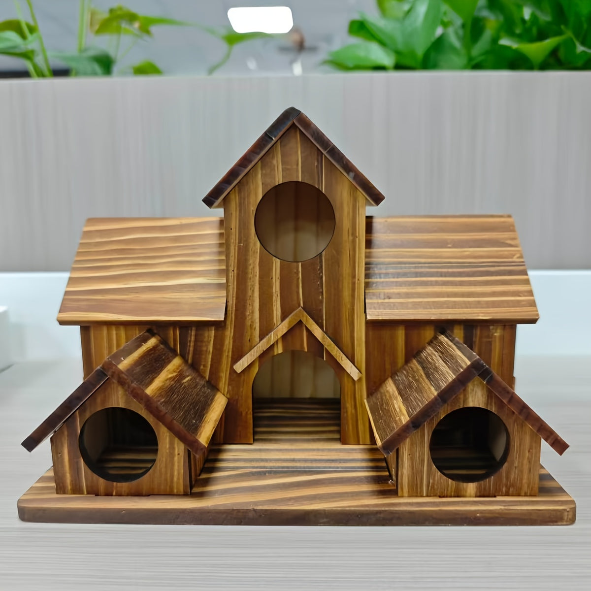 Wooden Birdhouse with Multi-Cottage Design, Rustic Pitched Roof Bird House in Dark Brown for Outdoor Garden Decor and Backyard Bird Lover Gifts