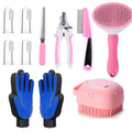 Dog and Cat Grooming Kit, 9 or 11 Piece Pet Care Set with Self-Cleaning Brush, Nail Clippers, Comb and Bath Tools in Pink or Blue