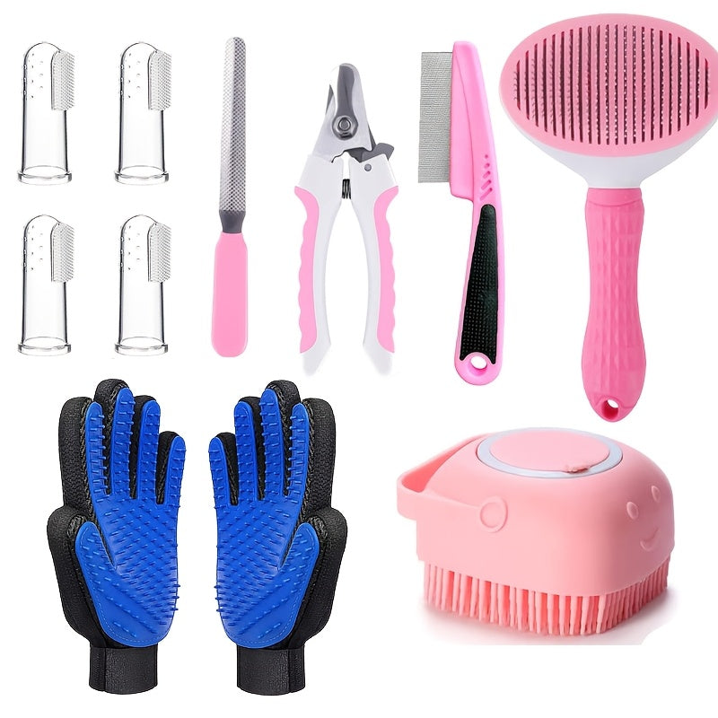 Dog and Cat Grooming Kit, 9 or 11 Piece Pet Care Set with Self-Cleaning Brush, Nail Clippers, Comb and Bath Tools in Pink or Blue
