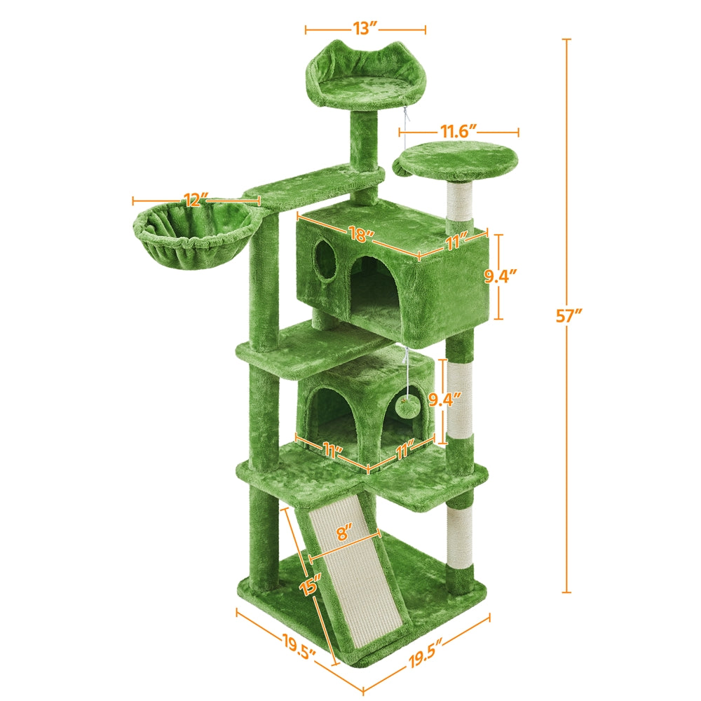 Cat Tree 57 Inch with Two Condos, Plush Multi-Level Indoor Kitten Tower with Round Platform, Ladder and Dangling Ball for Small Cats