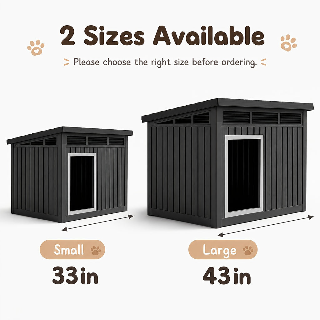 Dog House for Large Dogs Outdoor, All-Weather Resin Dog Shelter with Lift-Up Slant Roof and Ventilation Louvers, Windproof Rainproof UV-Resistant, 2 Sizes in Black or Gray