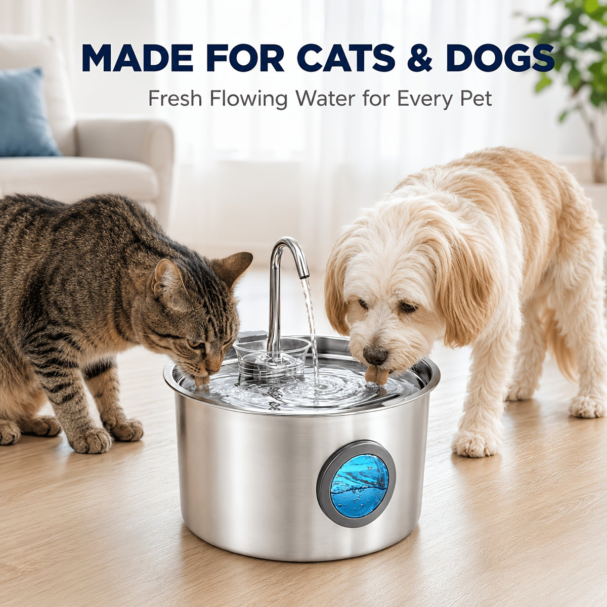 Dog Water Fountain 108oz 3.2L, 304 Stainless Steel Pet Drinking Dispenser with Round Water Level Window and 2, 4 or 8 Filter Bundles for Cats and Dogs