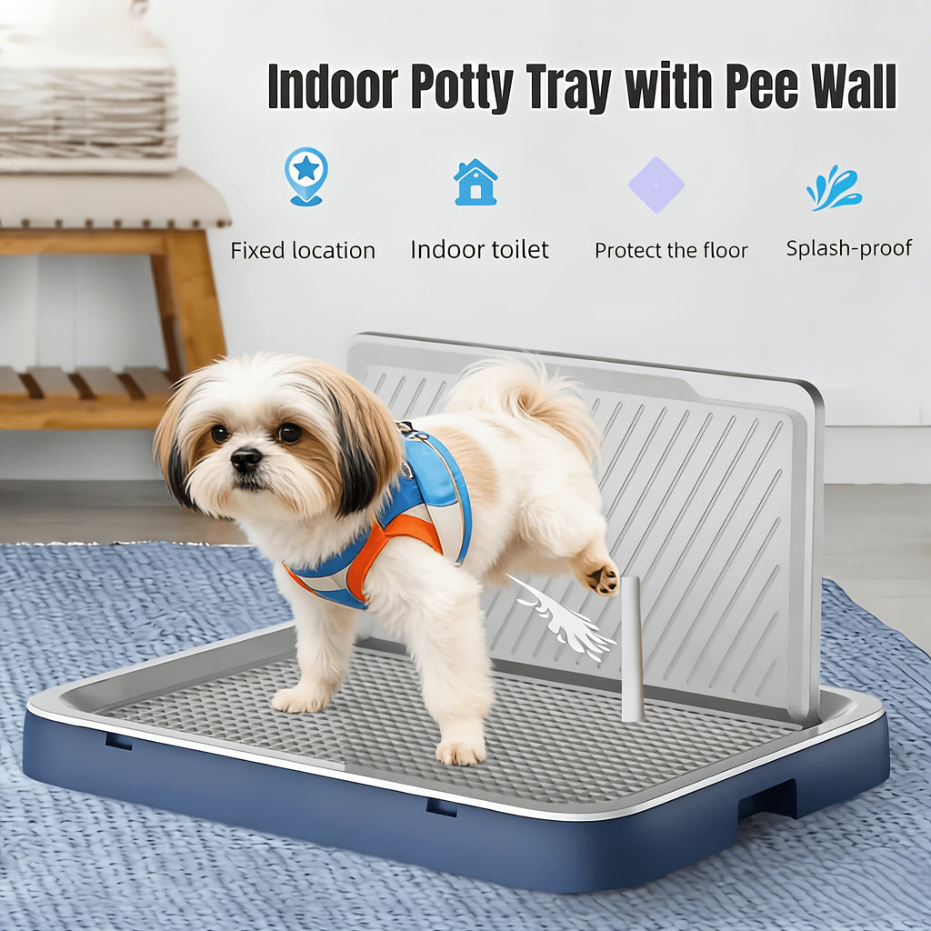Dog Potty Tray with Tall Splash Guard, 20 x 15.4 Inch Navy Blue Indoor Puppy Toilet with Removable Grate for Small Dog House Training