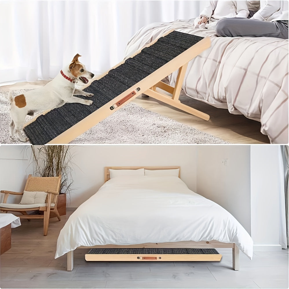 Dog Ramp with Guardrails for Bed and Couch Access, Adjustable Wooden Pet Climbing Ramp with Textured Traction Surface and Folding Support