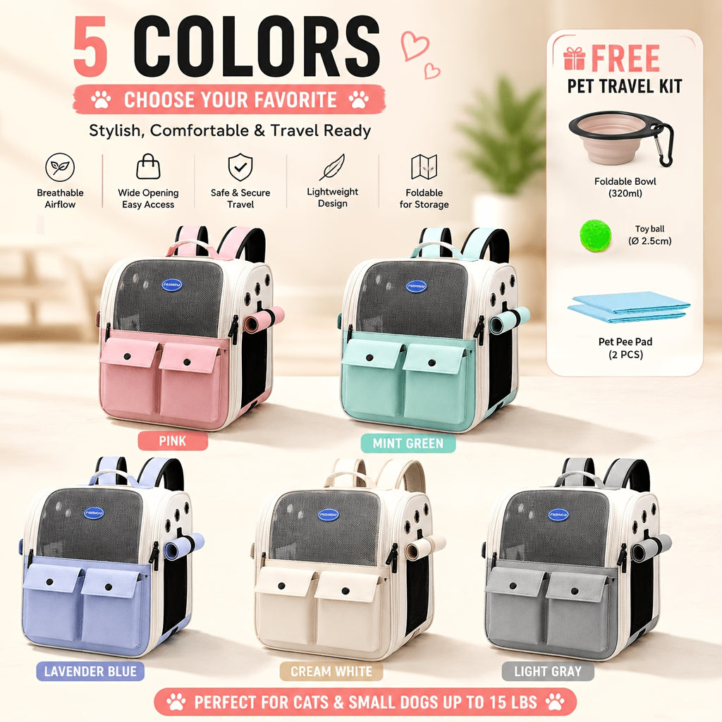 Front Opening Pet Carrier Backpack for Cats, Small Dogs and Puppies, Breathable Foldable Travel Bag with Safety Hook and Storage Pockets