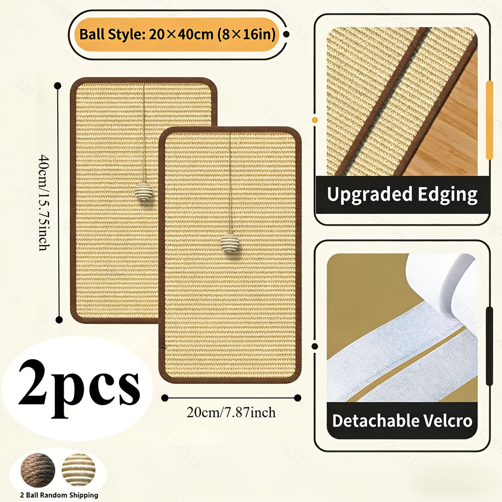 Sisal Cat Scratcher Pads with Hanging Ball, 2-Pack Self-Adhesive Scratching Surfaces for Indoor Cats, Sofa Corners and TV Cabinet Areas