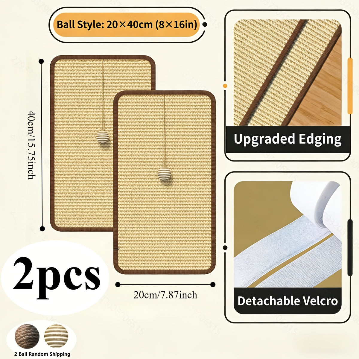 Sisal Cat Scratcher Pads with Hanging Ball, 2-Pack Self-Adhesive Scratching Surfaces for Indoor Cats, Sofa Corners and TV Cabinet Areas