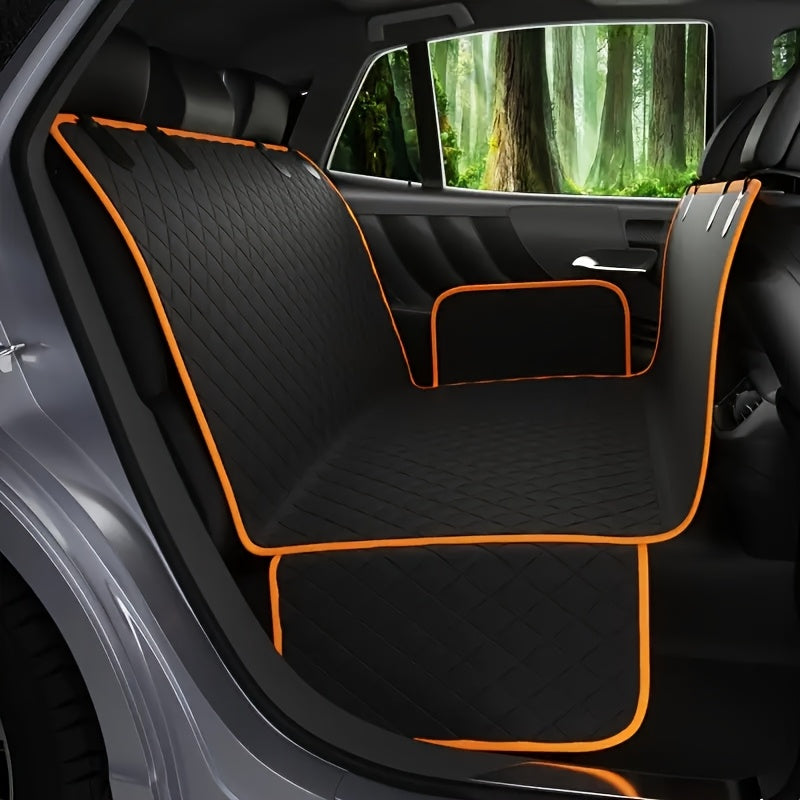 600D Dog Car Seat Cover, Foldable Padded Back Seat Hammock and Cargo Liner with Headrest Anchors for Cars, SUVs and Trucks, Black or Orange Trim