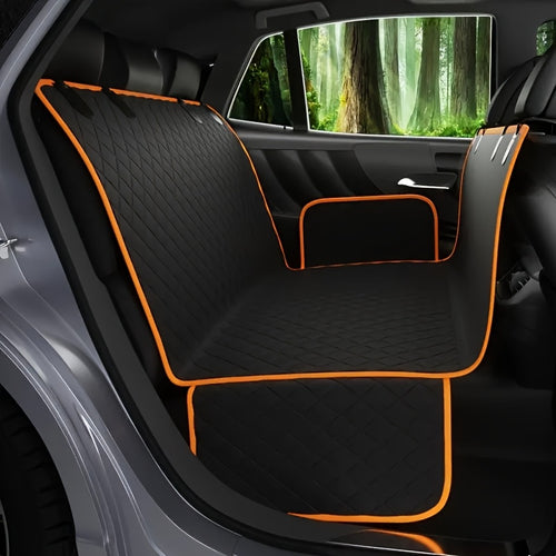 600D Dog Car Seat Cover, Foldable Padded Back Seat Hammock and Cargo Liner with Headrest Anchors for Cars, SUVs and Trucks, Black or Orange Trim