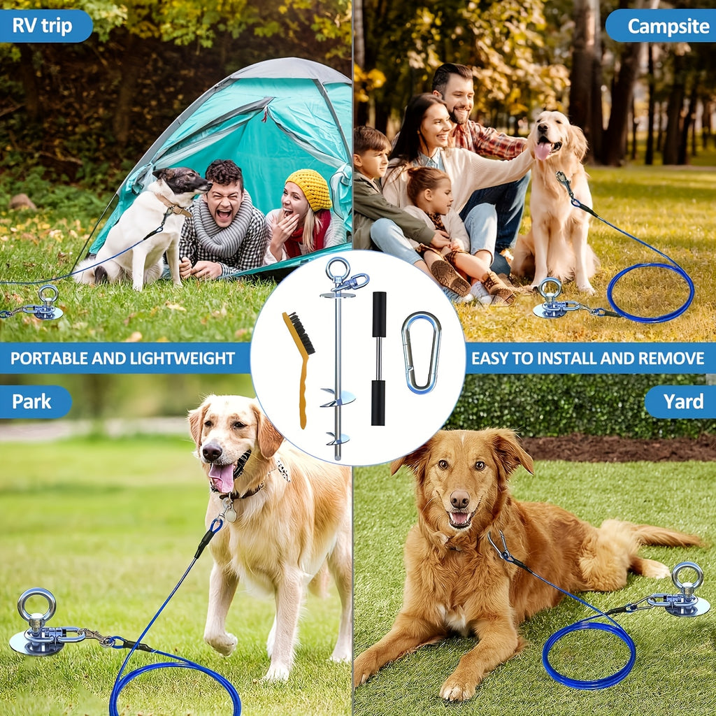 Dog Tie Out Stake in 304 Stainless Steel, 360° Swivel Ground Anchor for Supervised Yard and Camping Use with 15ft, 25ft or Pouch Options