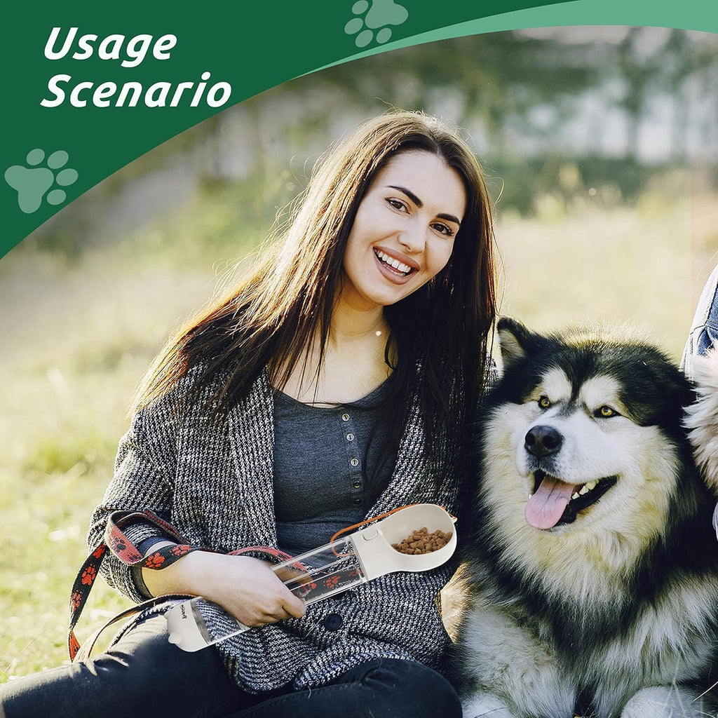 3-in-1 Dog Water Bottle with Food Container and Poop Bag Feature, Portable Pet Drinking Dispenser for Walks and Travel, 300ml or 500ml