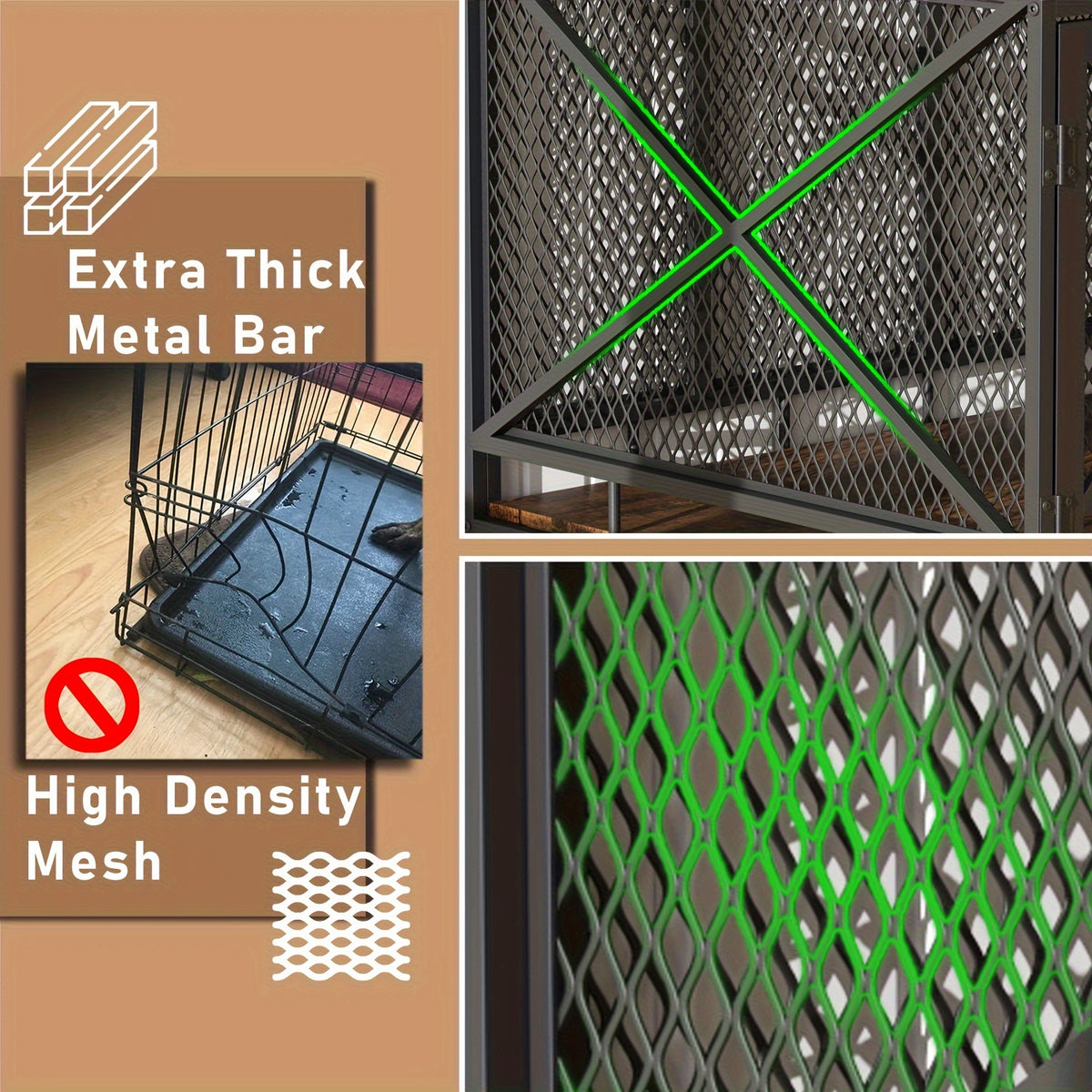 Dog Crate Furniture with Wooden Top, Heavy Duty Corner Dog Kennel with Double Doors and High-Density Metal Mesh, Indoor End Table Crate for Medium and Large Dogs, Vintage