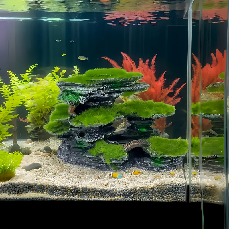 Aquarium Moss Rock Decoration, Multi-Layer Resin Fish Tank Ornament with Grass-Style Detailing for Shrimp and Fish Habitat Aquascaping