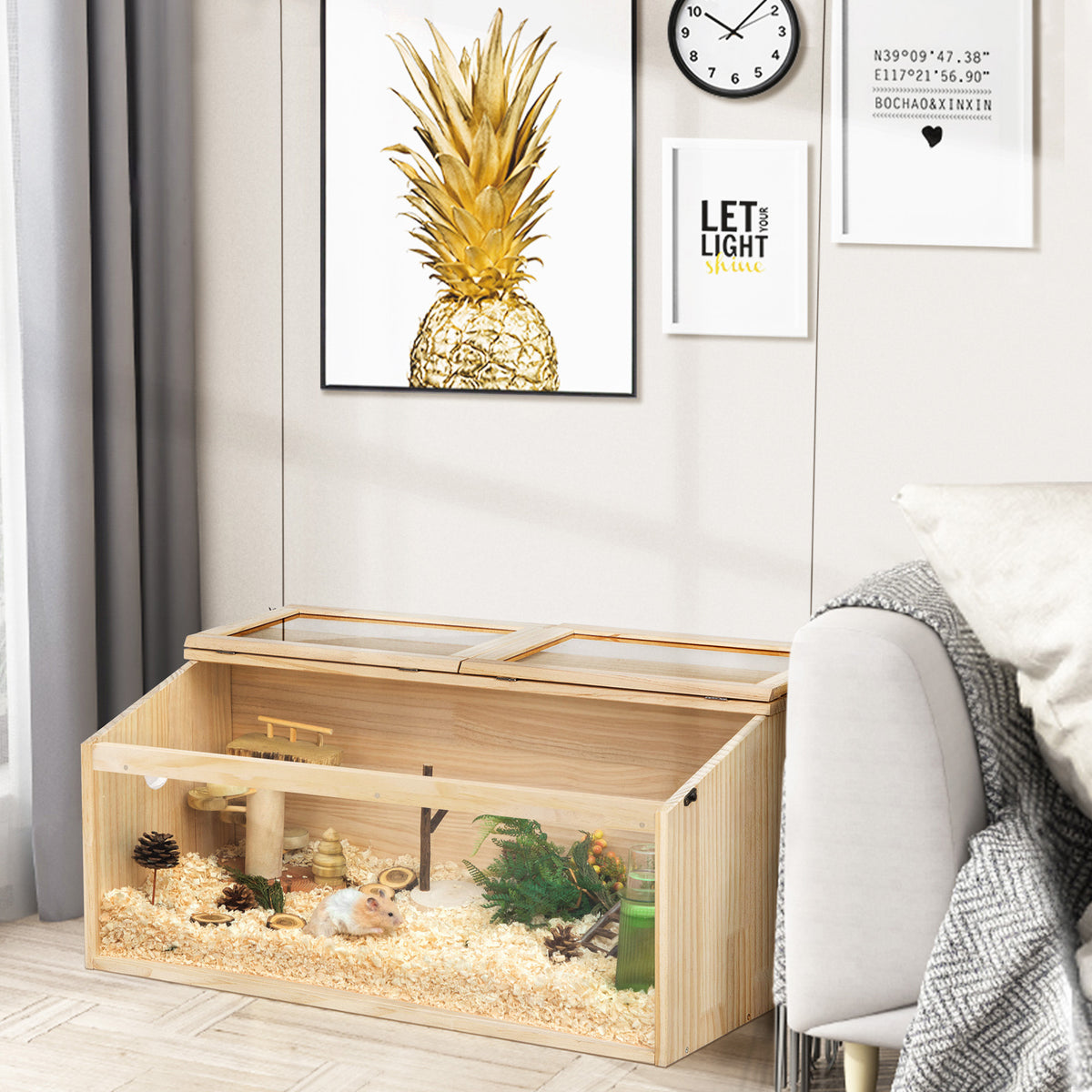 Hamster Habitat Wooden Cage with Clear Acrylic Front, Openable Top and Side Locks, 31.5-Inch Small Pet Enclosure in Natural or Burlywood