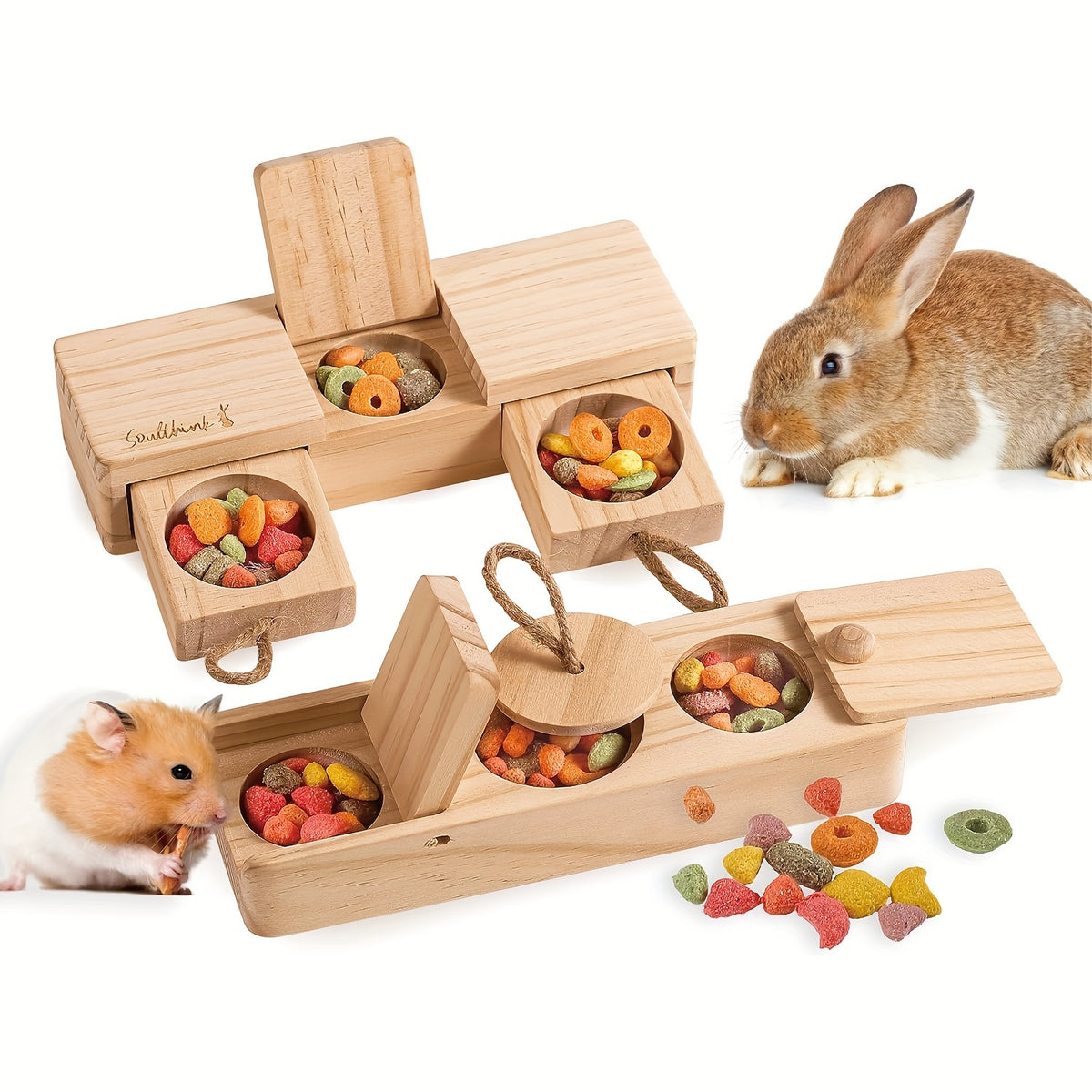 Rabbit Enrichment Toys, 2 Sets of Wooden Treat Foraging Puzzles for Bunnies with Sniff, Slide, Pull and Flip Activities for Supervised Play