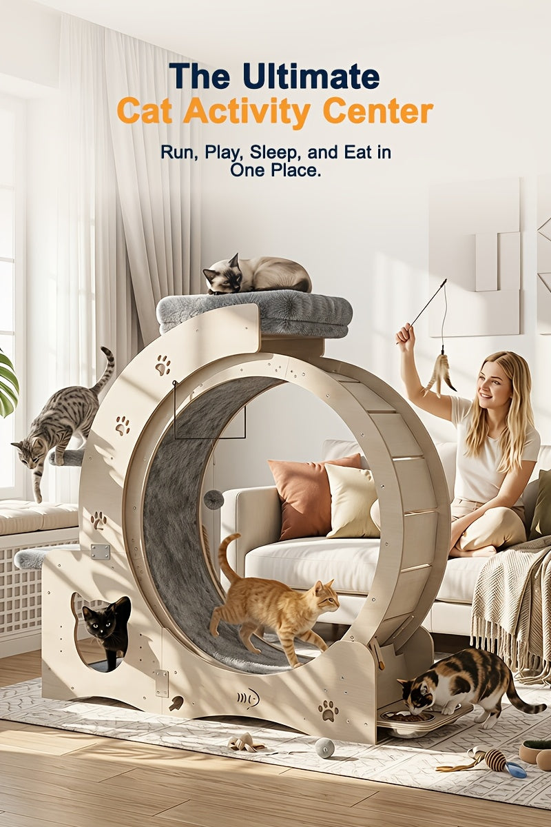 Cat Running Wheel for Indoor Exercise, Quiet Large Cat Treadmill with Stable Base in Wood Color for Daily Activity and Interactive Play