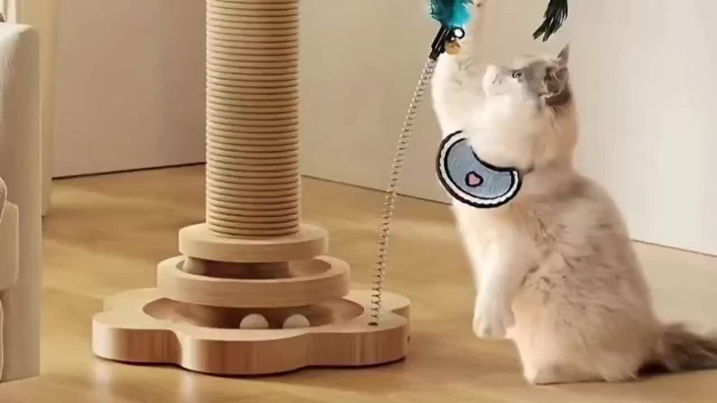 Cat Scratching Post Activity Center with 2-Level Ball Track, Sisal Rope, Pinewood Base, Feather Toy and Hanging Balls for Indoor Cats