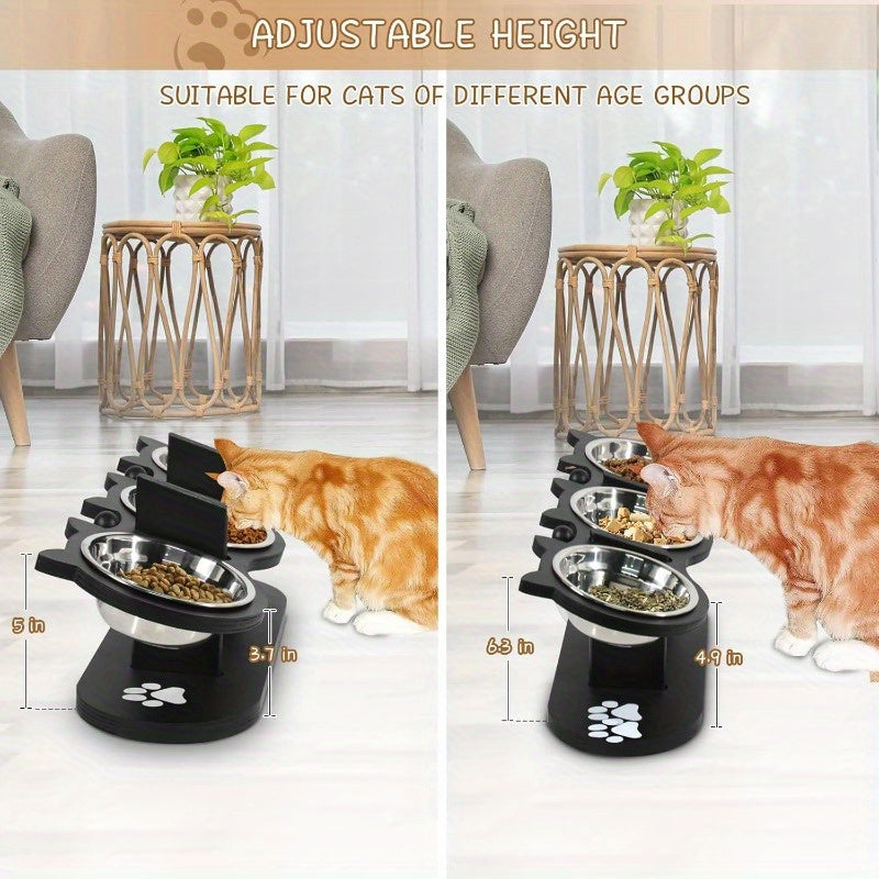 Elevated Cat Bowls with Black Wooden Stand, 15 Degree Tilted Adjustable Feeder with 2 or 3 Stainless Steel Dishes for Cat and Small Dog Food and Water