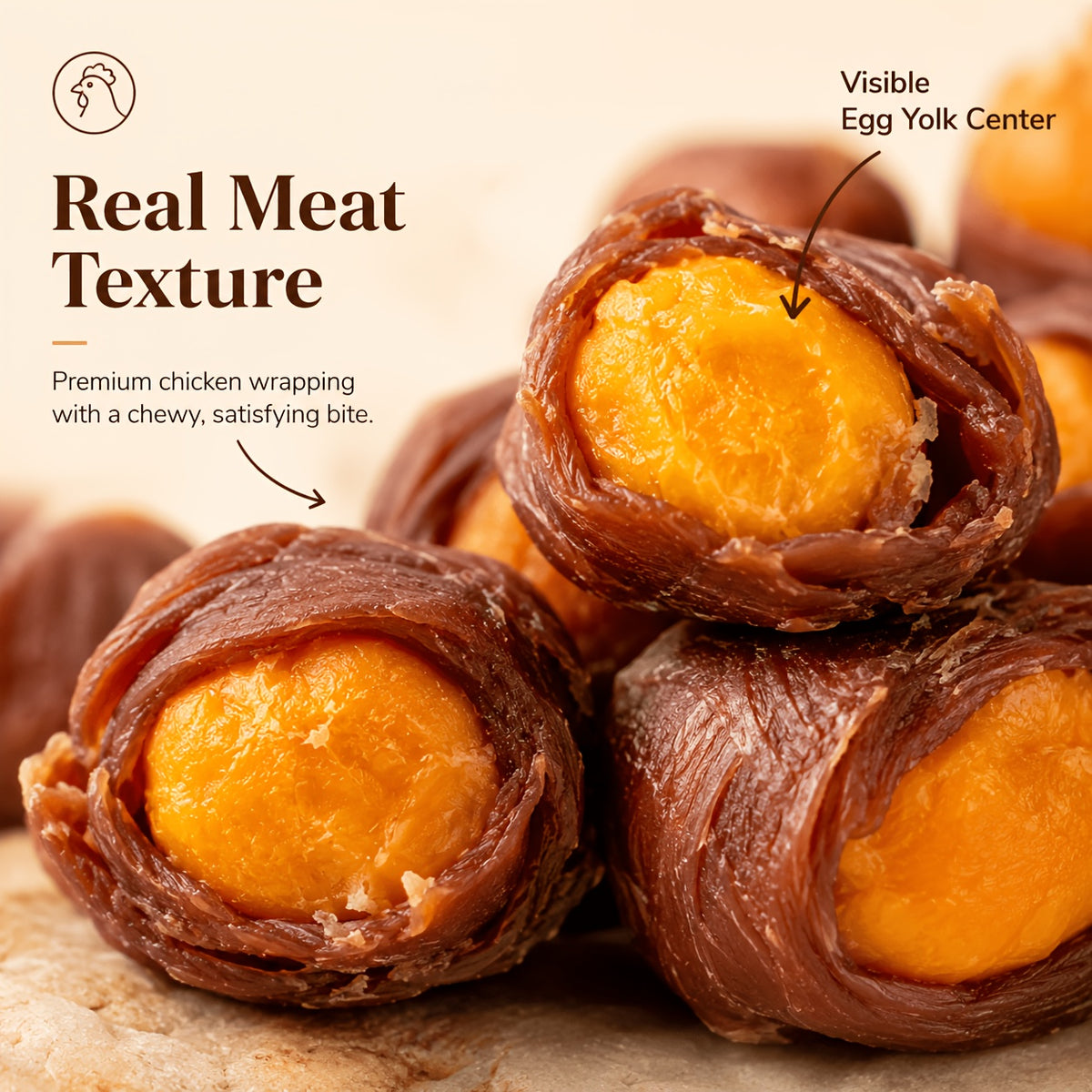 Meat Wrapped Egg Yolk Dog Treats, Chicken or Duck Flavor Chewy Reward Bites in 115g, 255g and 510g Options for Supervised Training and Snack Time