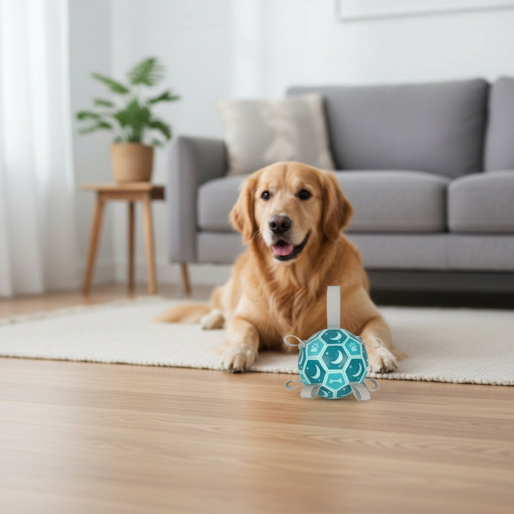 Dog Fetch Ball with Rope, Football-Style Interactive Pet Toy in 6 or 7.25 Inch Sizes for Supervised Retrieve Games, Training and Christmas Gifts