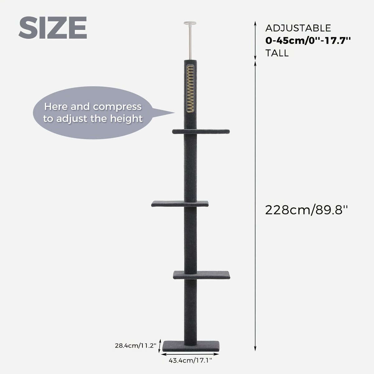 Floor to Ceiling Cat Tree, 90–107 Inch Adjustable 4-Tier Indoor Cat Tower with Tension Rod and Soft Carpet-Style Platforms for Climbing and Rest