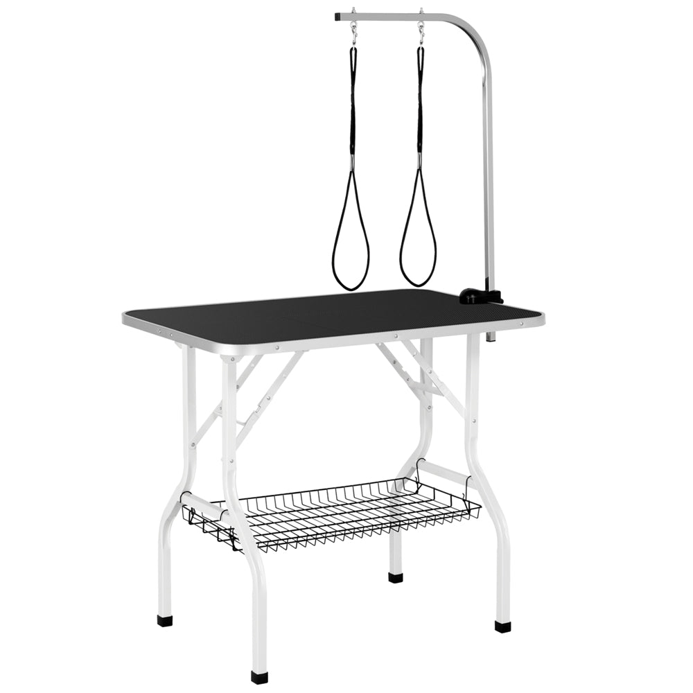 Foldable Dog Grooming Table with Mesh Tool Shelf, Detachable Height Adjustable Arm and Antiskid Surface for Small to Medium Dogs