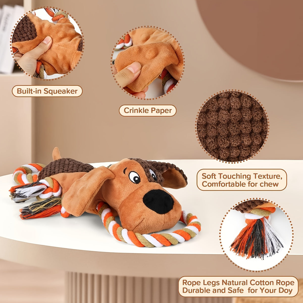 Plush Tug of War Dog Toy with Squeaker and Crinkle Paper, Animal Pull Rope and Stretch Lion Styles for Supervised Interactive Play