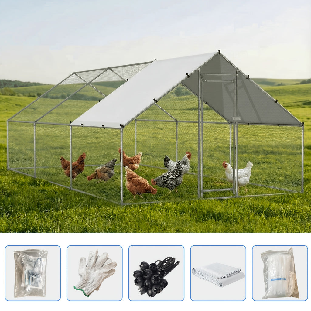 Spire Roof Chicken Coop Run with Metal Frame and Covered Section, Walk-In Outdoor Poultry Enclosure for Backyard Chickens and Ducks, Two Size Options