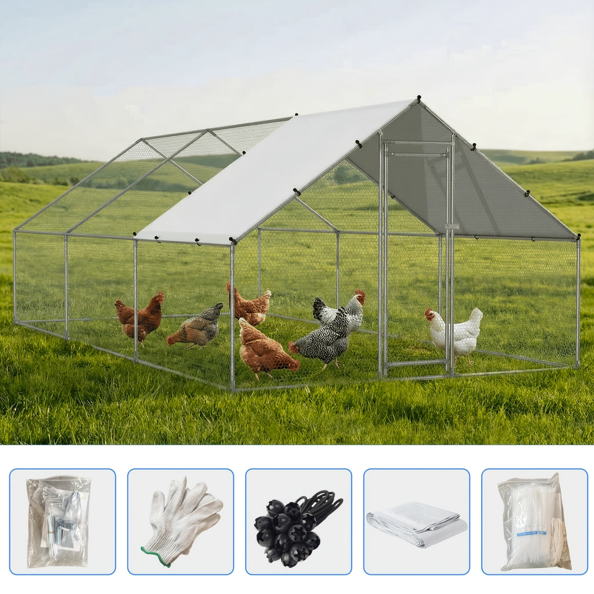 Spire Roof Chicken Coop Run with Metal Frame and Covered Section, Walk-In Outdoor Poultry Enclosure for Backyard Chickens and Ducks, Two Size Options