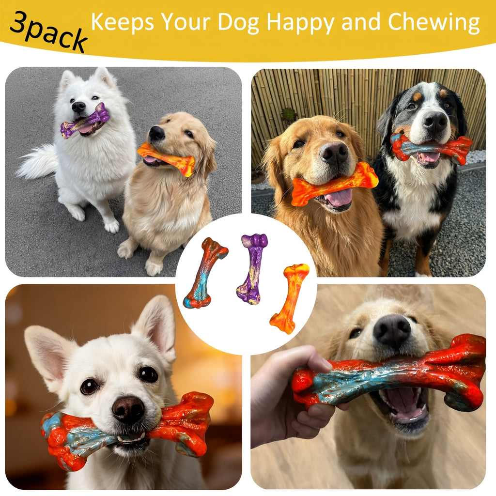 Beef-Scented Dog Chew Toys 3-Pack, Textured Bone-Shaped Chewing Toys for Medium and Large Dogs, Purple Red Orange Supervised Play Set