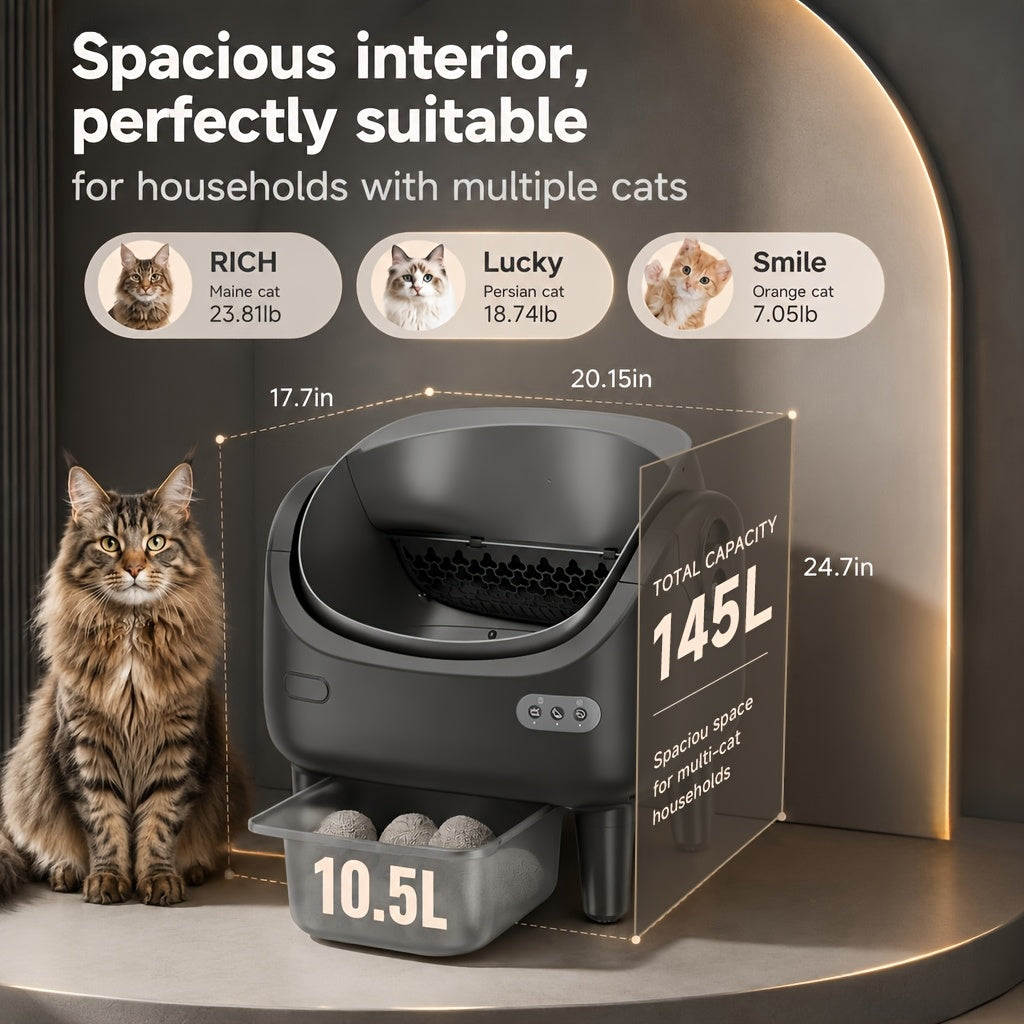 Sensor Equipped Self Cleaning Litter Box with Open Design, Extra Large Automatic Cat Toilet and Large Waste Compartment for Multi-Cat Homes