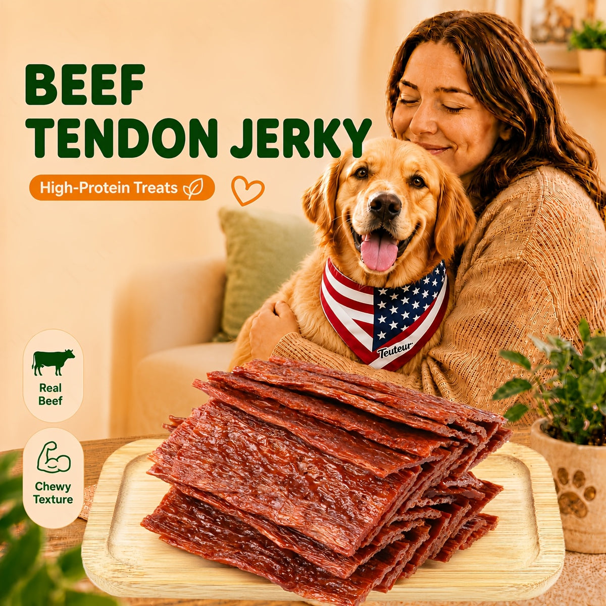 Beef Strips for Dogs 100g Beef Tendon Slices, Canine Snack Treats for Supervised Reward Time, Home Training Practice and Everyday Bonding