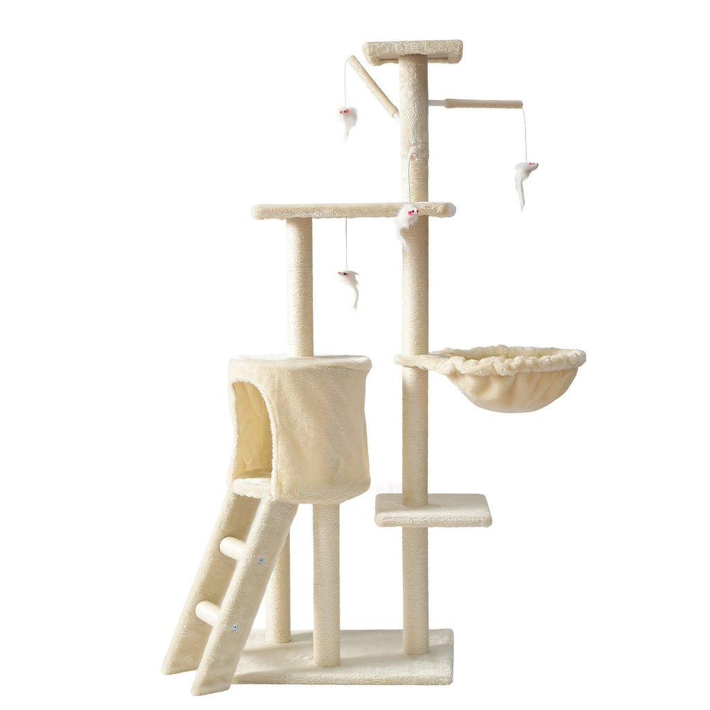 Cat Tree with Hammock and Extended Platform, Multi-Level Indoor Cat Tower with Sisal Scratching Posts, Condo and Dangling Play Toy