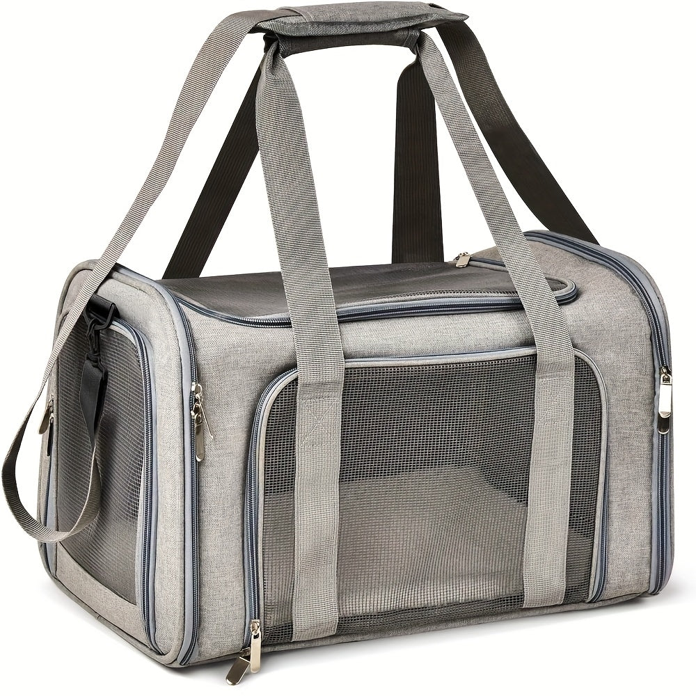 Large Foldable Cat Carrier for Cats and Puppies up to 25 lbs, Soft-Sided Pet Travel Cage in Grey or Black for Vet Visits and Everyday Trips