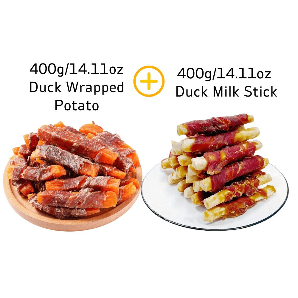 Dog Chew Treats Duo Packs, Chicken and Duck Jerky with Beef Chew Stick Options for Supervised Training Rewards, Everyday Snacks and Dog Gift Baskets