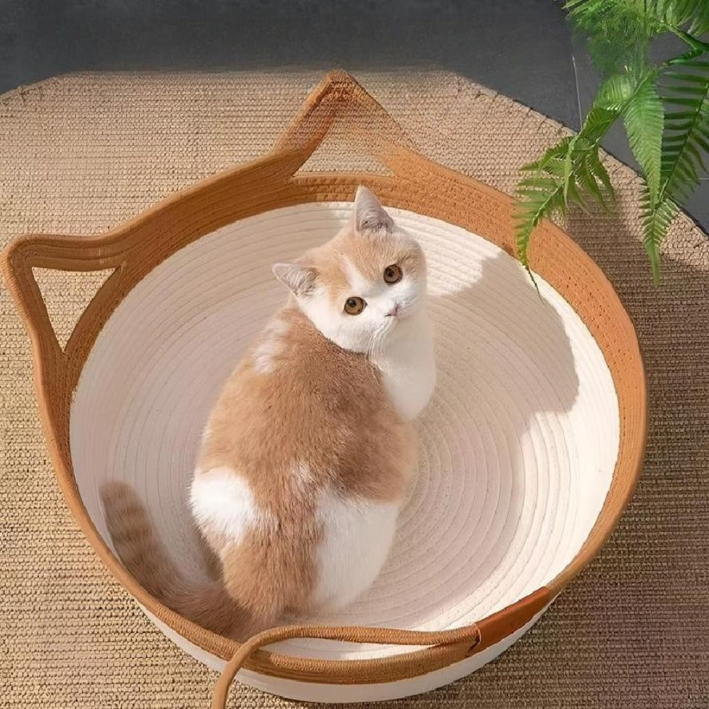 Woven Cat Bed and Scratcher Basket with Cat Ear Rim and Rope Ball Toy, Medium Indoor Lounger for Resting, Scratching and Play