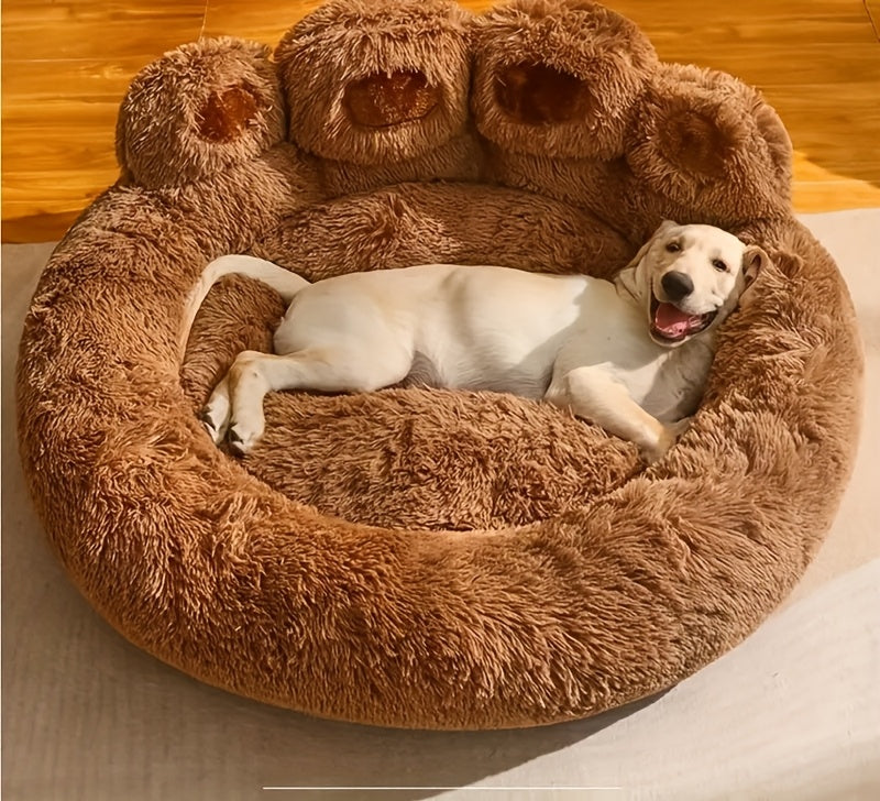 Dog Bed with Bear Paw Bolsters, Thick Plush Cat Sleeping Cushion with Non-Slip Bottom, Pink Grey or Coffee in 60cm, 70cm and 100cm Sizes
