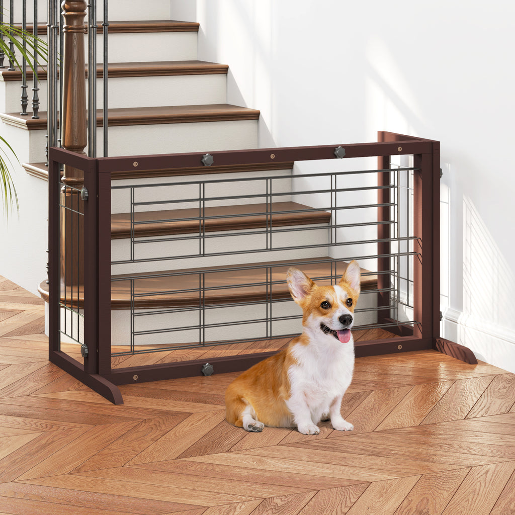 Wood Dog Gate with Sliding Width Adjustment, 38–71 Inch Freestanding Pinewood Pet Barrier with Wide Support Base for Indoor Doorways and Hallways