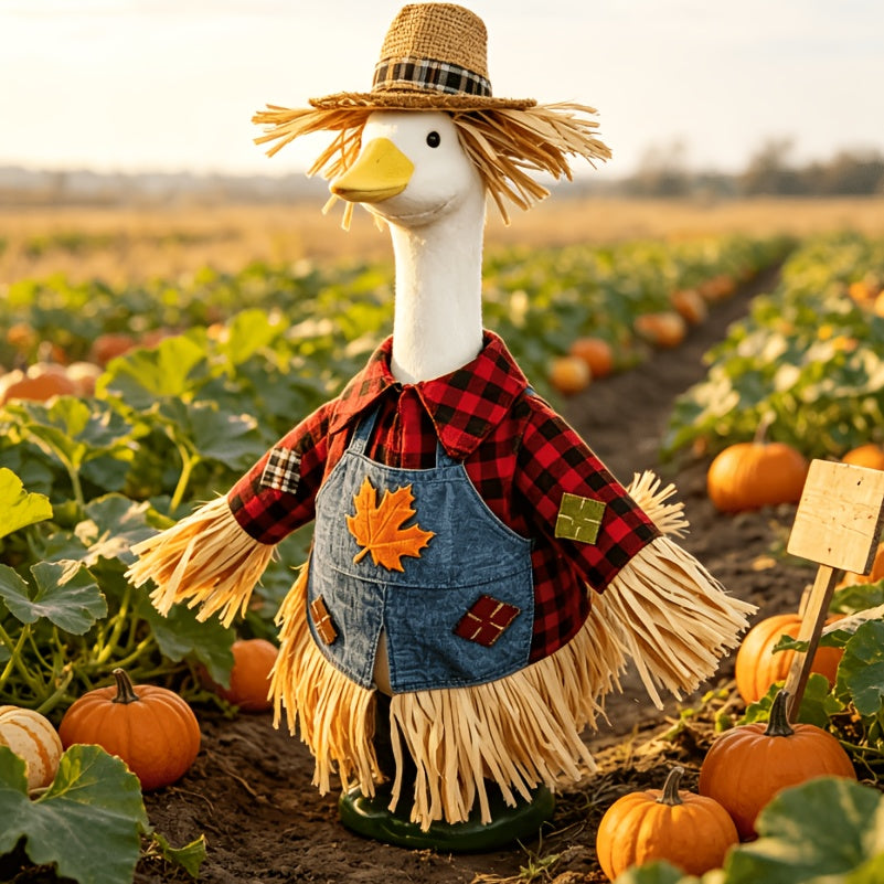 Thanksgiving Porch Goose Outfit for 23-Inch Statues, Scarecrow Costume with Red Plaid Shirt, Maple Leaf Denim Suspenders and Straw Hat