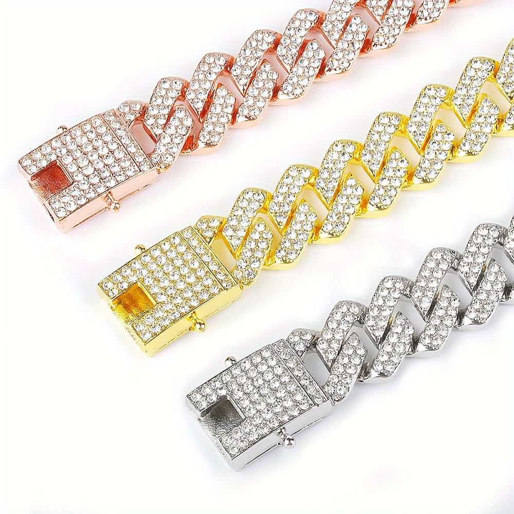Rhinestone Dog Cuban Link Collar, 14mm Wide Decorative Pet Chain Necklace in Gold, Silver or Rose Gold Color for Photos, Parties and Gifts