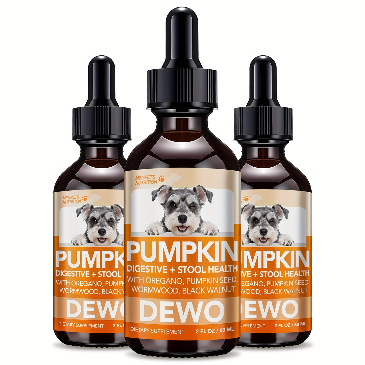 Pet Supplement Drops with Black Walnut and Pumpkin Seed, 2 fl oz Liquid Format with One, Two or Three Bottle Options for Veterinarian-Guided Care