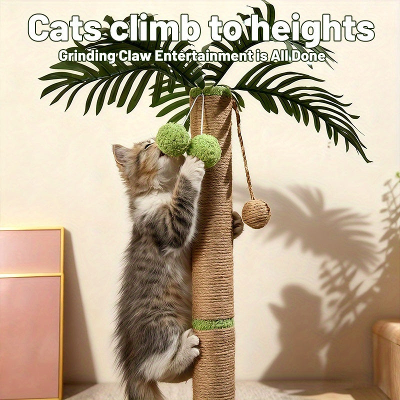 Palm Tree Cat Scratching Post, 36.3-Inch Sisal Scratcher with Two Hanging Balls and Plush Base for Indoor Cat Play and Apartment Living