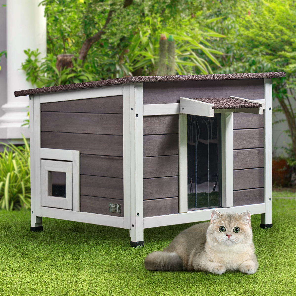 Fir Wood Outdoor Cat House with Asphalt Roof, Acrylic Window and Removable PVC Door Flaps, 20 or 24 Inch Feral Cat Shelter with Cleaning Access