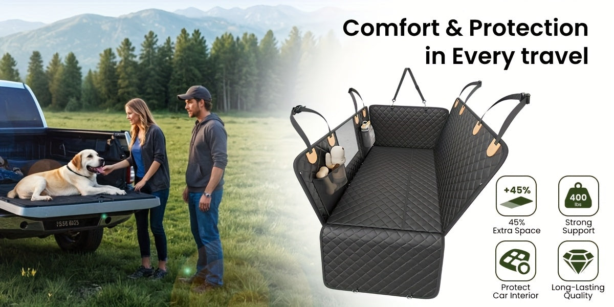Dog Backseat Expander with Hard Bottom, Rear Seat Cover and Pet Hammock Extension for Compatible Cars, SUVs and Trucks, Single-Unit Travel Setup