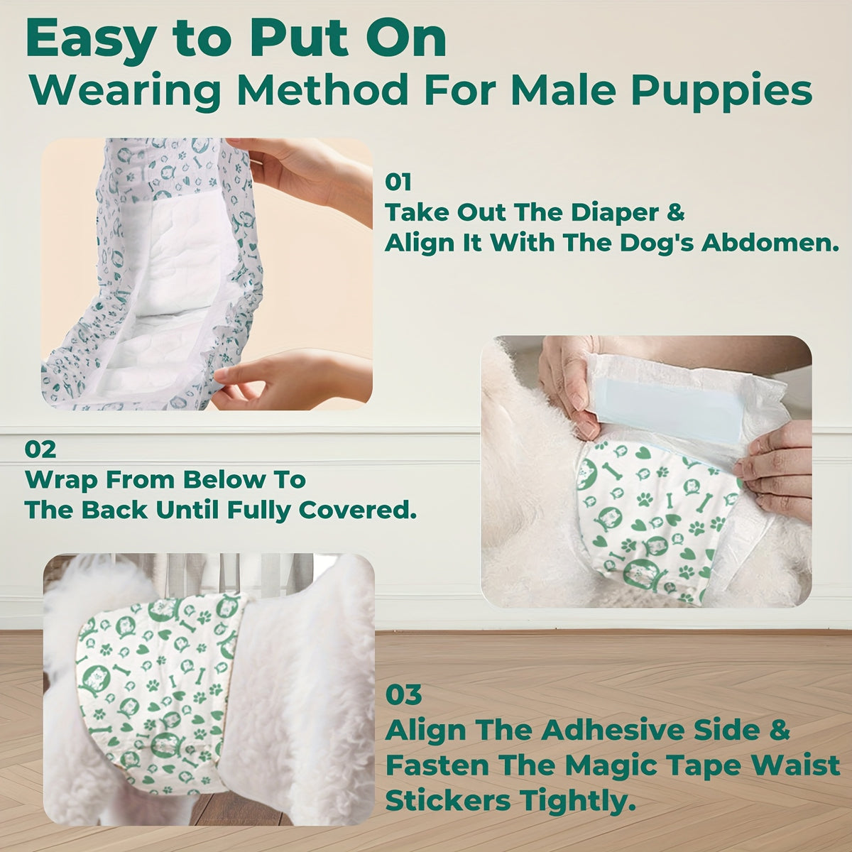 Disposable Male Dog Wraps with 5-Layer Absorbent Protection, Soft Breathable Dog Diapers in A001 or A004 Options for Supervised Indoor Accident Care