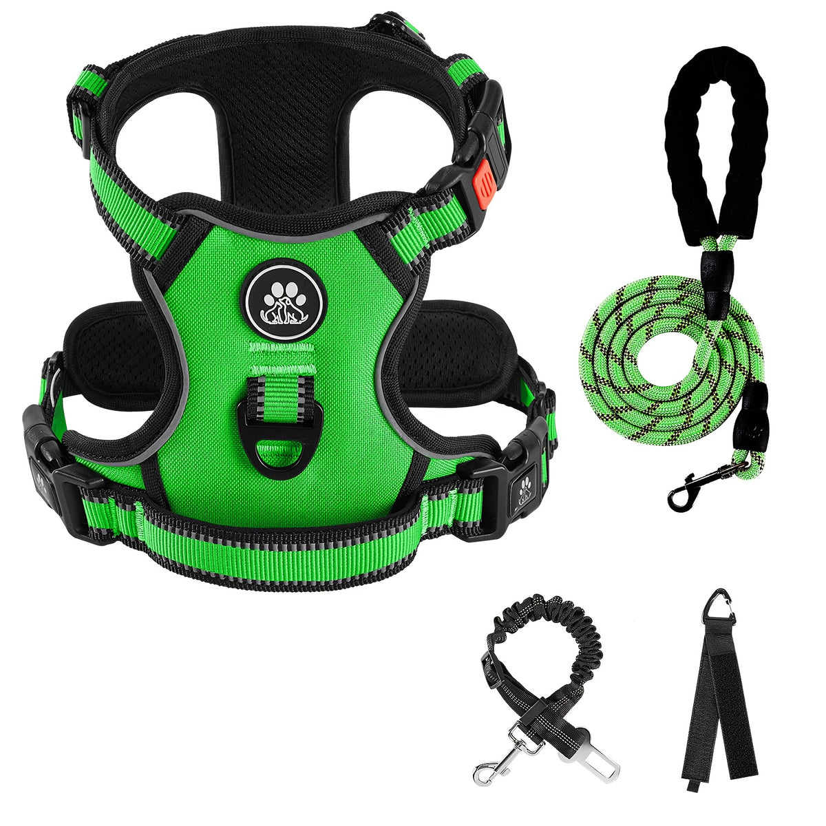 No Pull Dog Harness Set with Three-Buckle Open-Neck Design, Reflective Adjustable Vest, Padded Handle, Leash and Seat Belt, XS-XL