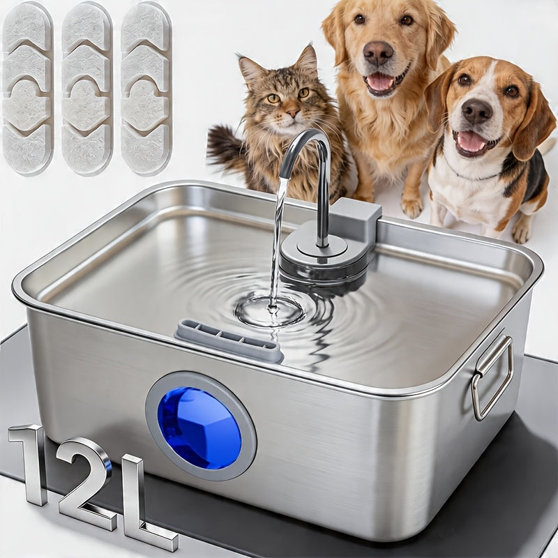 Stainless Steel Dog Water Fountain 12L 3.2 Gal for Large Dogs and Multi-Pet Homes, Ultra Quiet Pet Water Dispenser with Water Level Window, Dry Burn Protection and Red Blue Indicator Lights, Easy to Clean, Without Battery