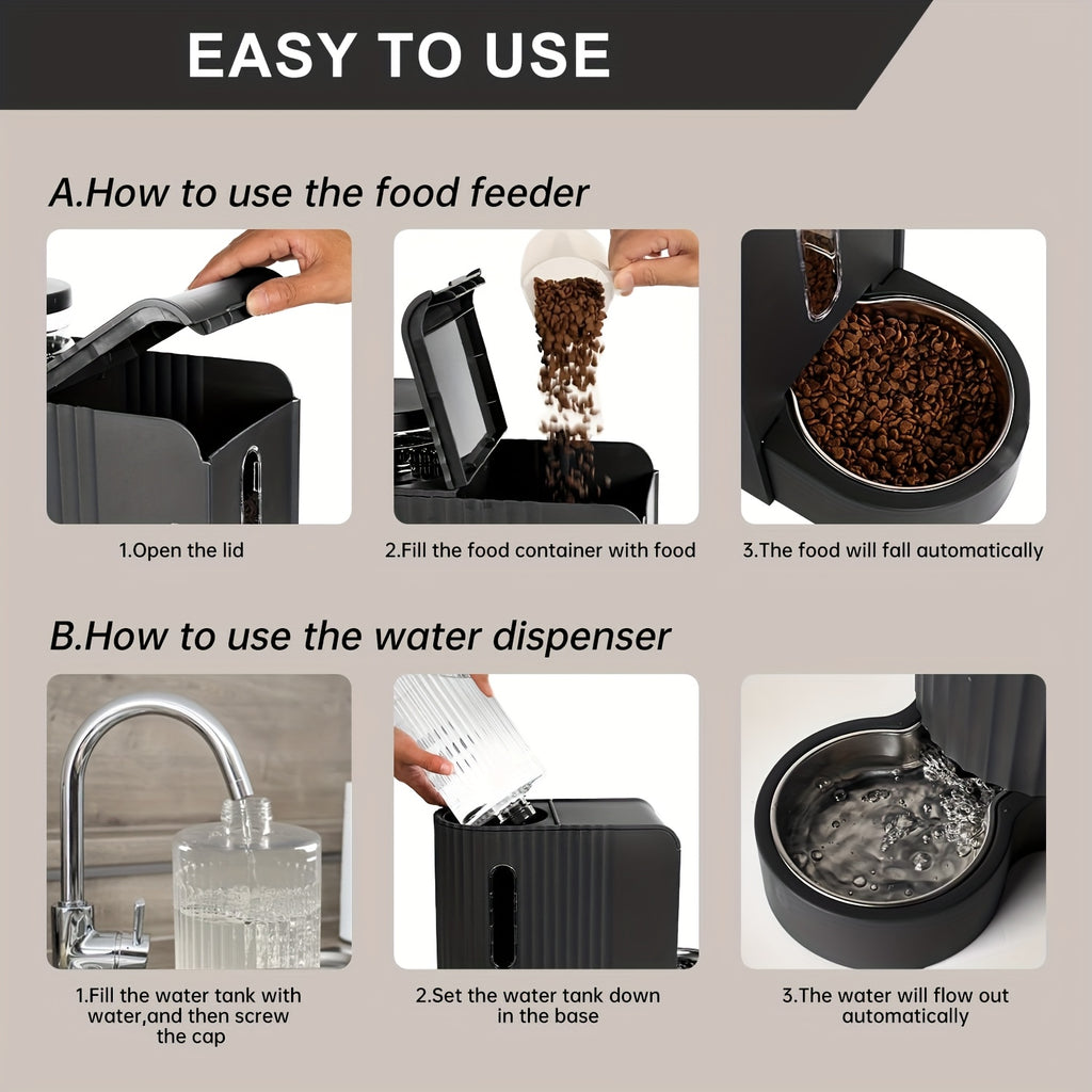 3L Gravity Pet Feeder and Water Dispenser for Cats and Dogs, Stainless Steel Design Without Battery, Black Gray or Blue for Daily Home Care