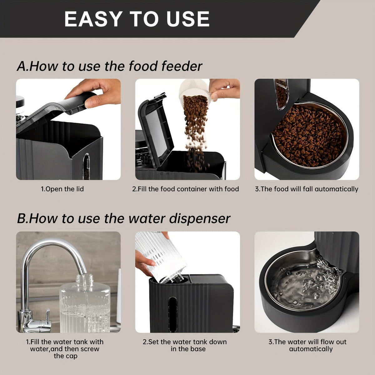 3L Gravity Pet Feeder and Water Dispenser for Cats and Dogs, Stainless Steel Design Without Battery, Black Gray or Blue for Daily Home Care