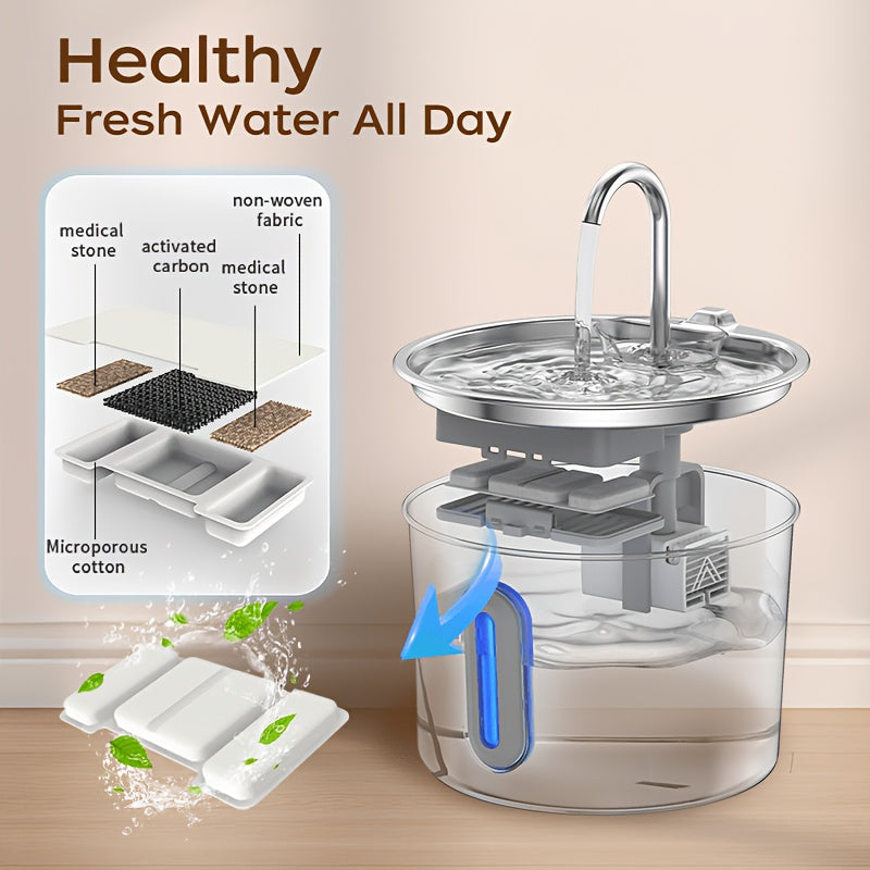 Filtered Cat Water Fountain 74.39oz, Stainless Steel Automatic Pet Drinking Dispenser with Quiet Pump for Cats and Dogs, Three Style Options